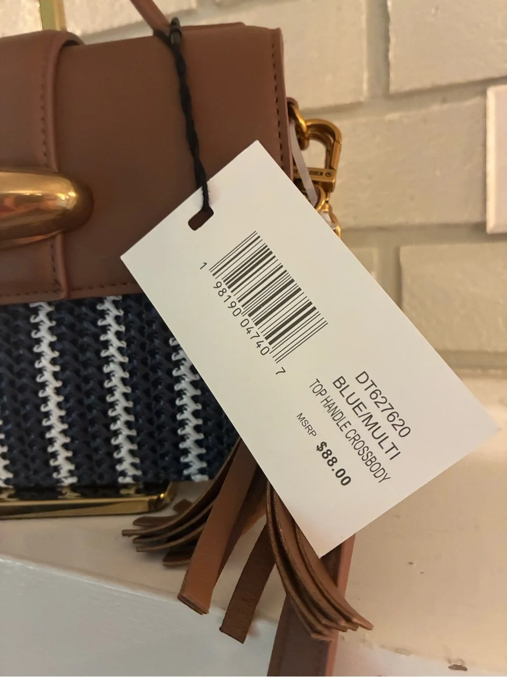 Steve Madden Brown and Navy Woven Style Top-Handle Satchel Crossbody with Tassel - Picture 11 of 16